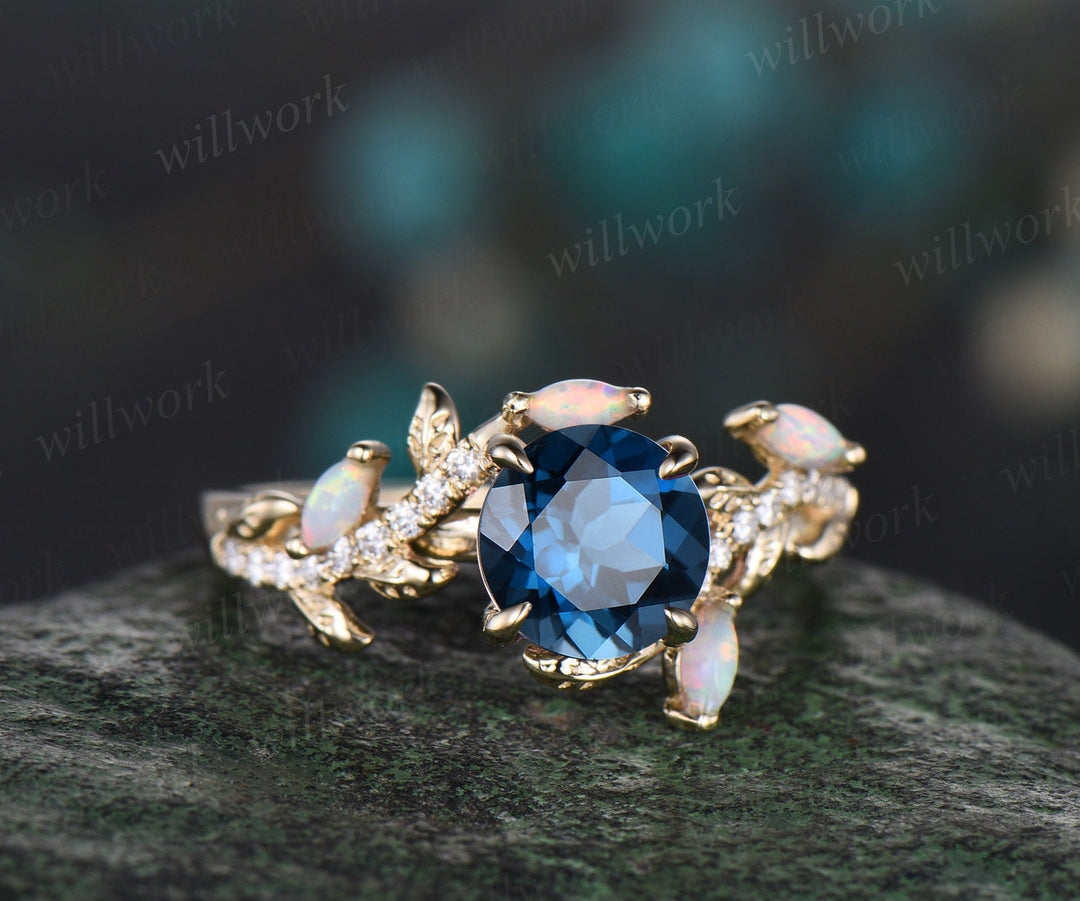 Vintage round London blue topaz engagement ring yellow gold leaf nature inspired branch half eternity diamond opal anniversary ring women