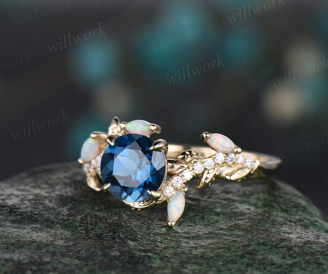Vintage round London blue topaz engagement ring yellow gold leaf nature inspired branch half eternity diamond opal anniversary ring women