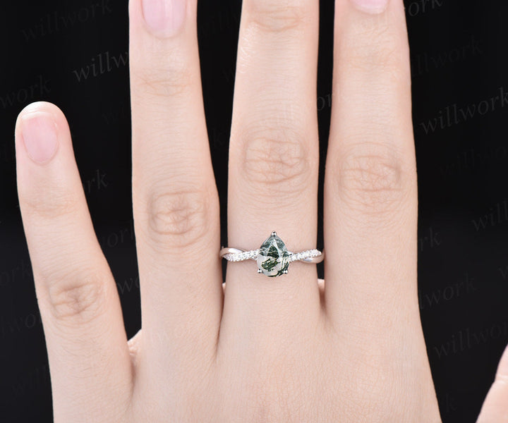 Pear cut green moss agate engagement ring solid 14k white gold eternity twisted diamond ring women unique wedding anniversary ring gift