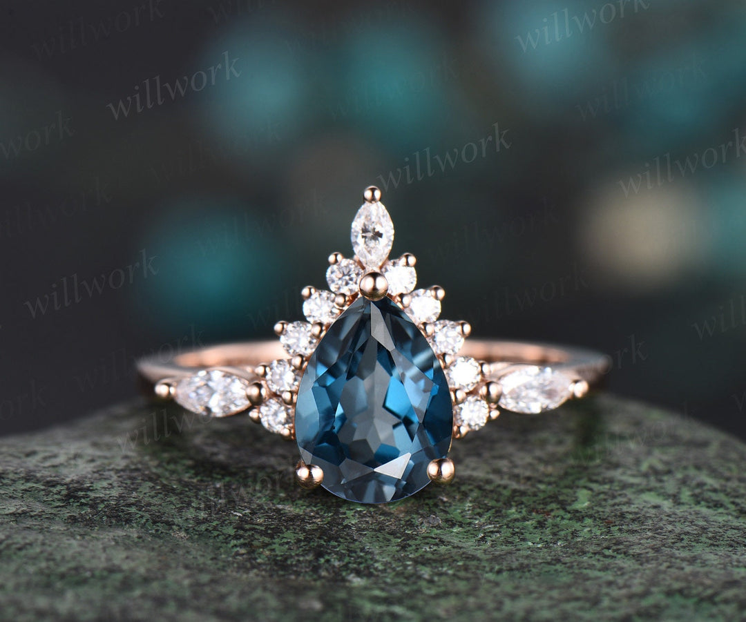 Pear shaped London blue topaz ring halo marquise unique engagement ring women solid 14k rose gold gemstone wedding anniversary ring gift