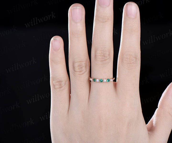 Round opal emerald wedding band solid 14k yello gold Multi-Stone rings half eternity dainty anniversary ring women gift