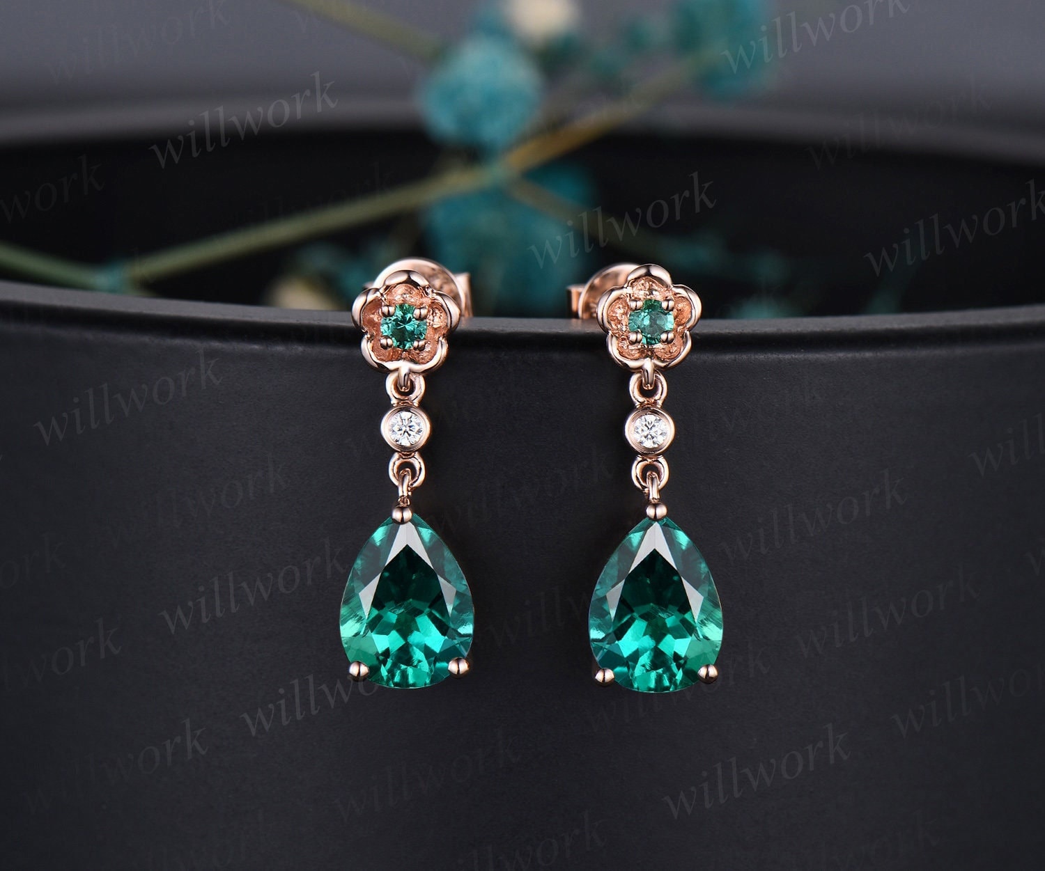 NATURAL DIAMOND EMERALD EARRINGS STATEMENT DROP DANGLE PEAR TEARDROP GREEN  BIG