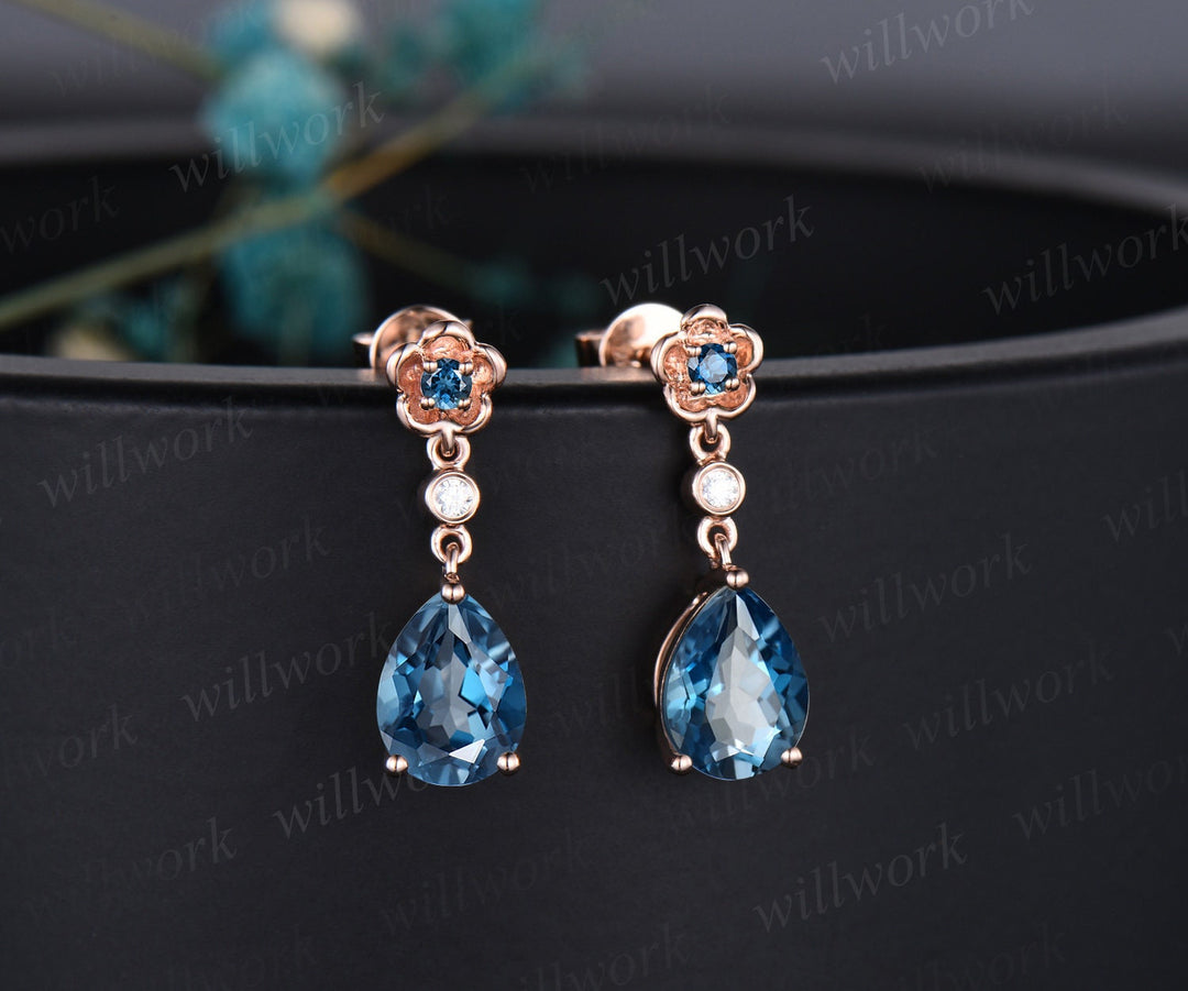 Floral pear shaped London blue topaz earrings rose gold three stone bezel diamond flower drop earrings women anniversary gift her jewelry