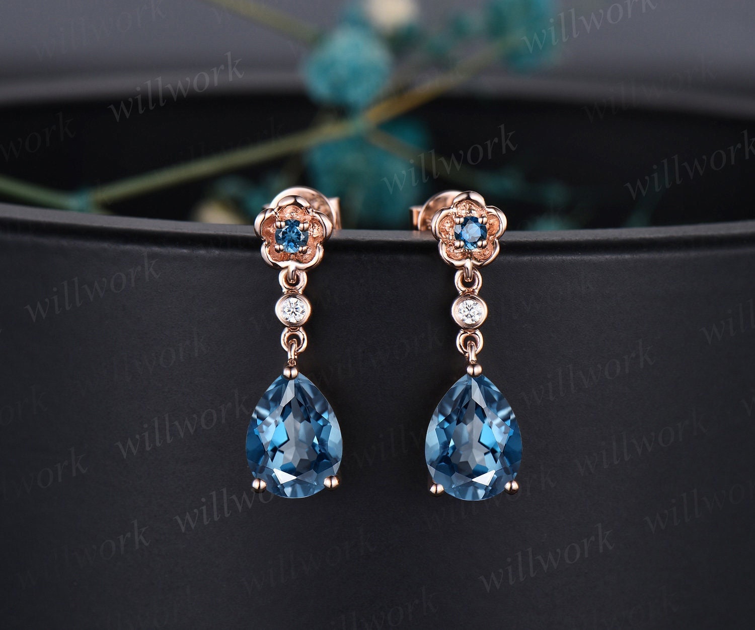 Blue topaz earrings rose on sale gold