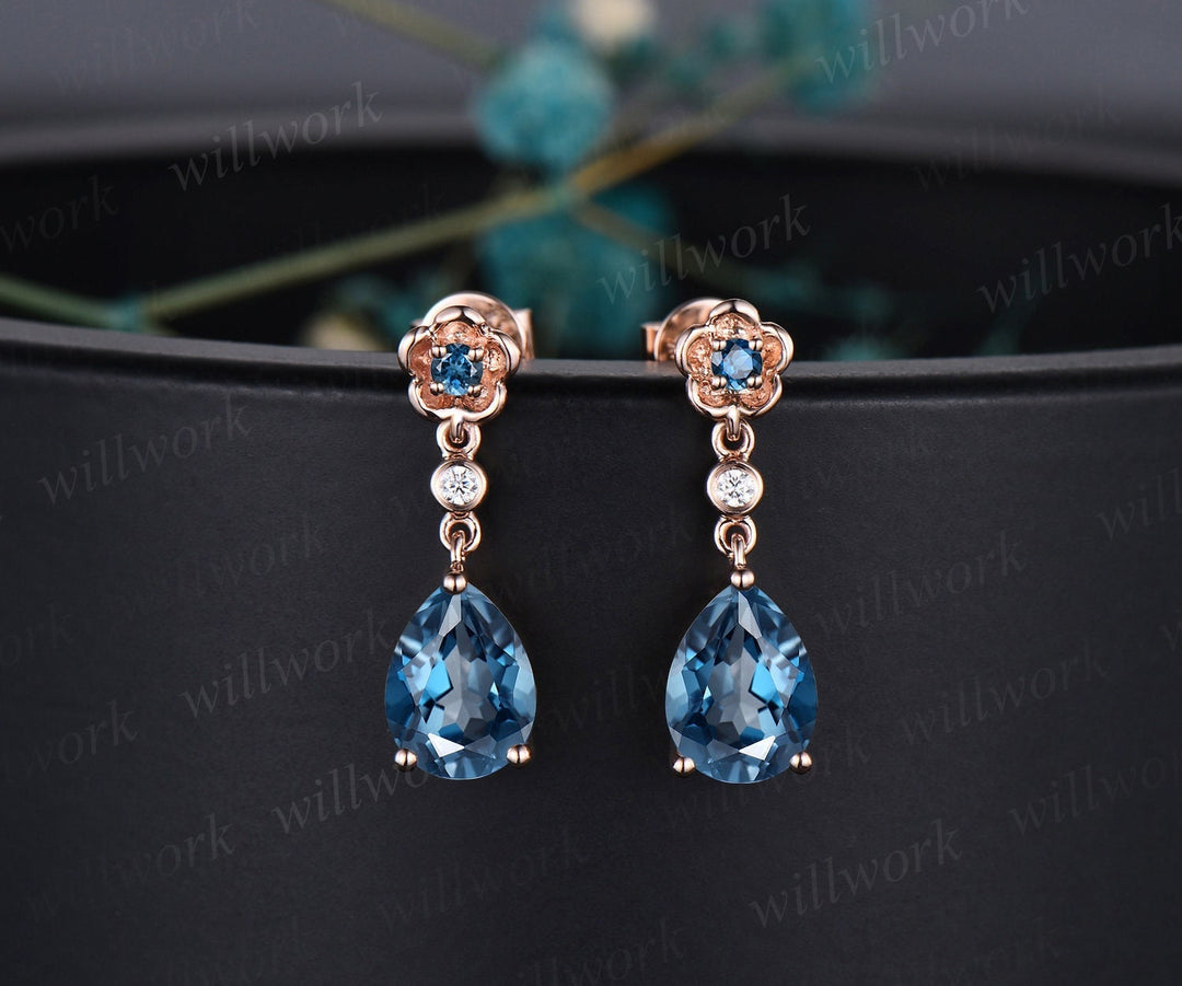 Floral pear shaped London blue topaz earrings rose gold three stone bezel diamond flower drop earrings women anniversary gift her jewelry