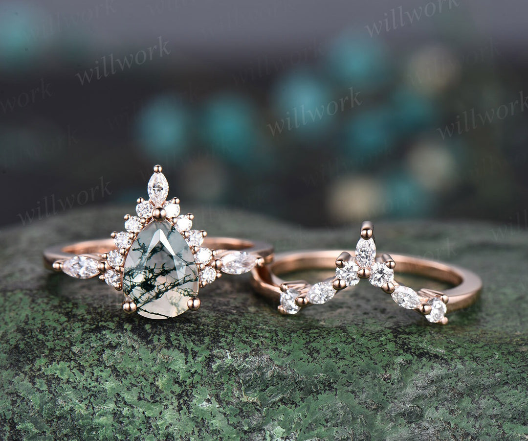 Pear shaped green moss agate ring halo marquise unique engagement ring women solid 14k rose gold gemstone wedding anniversary ring gift