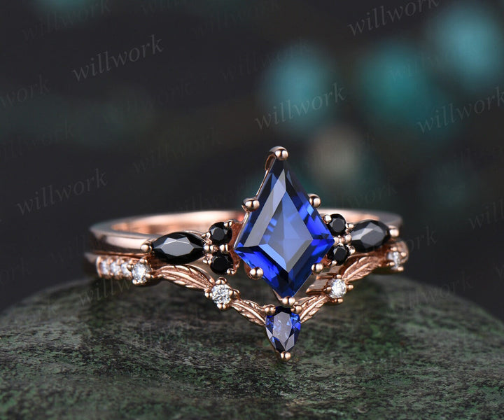 Kite cut blue sapphire engagement ring 14k rose gold black spinel leaf wedding band moissanite September birthstone ring anniversary gift