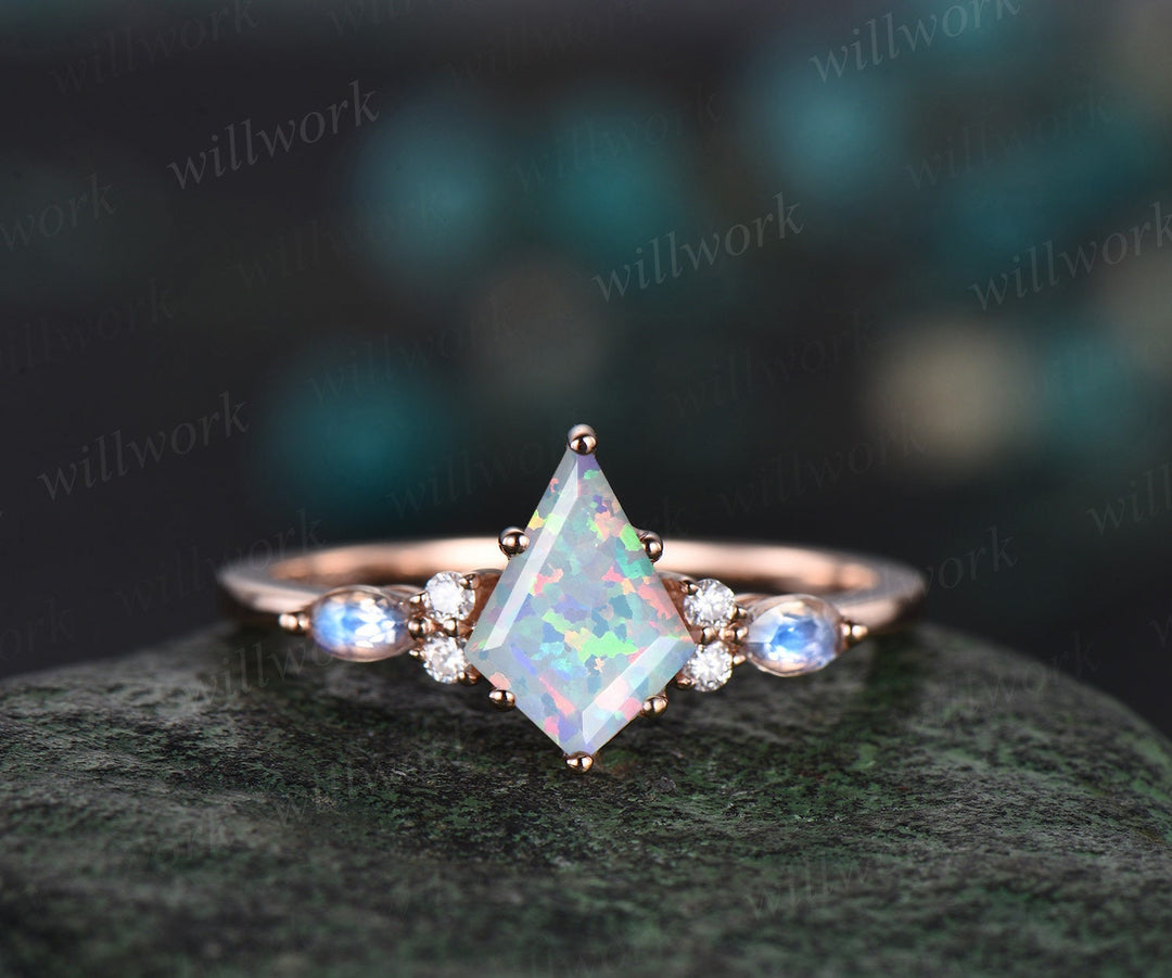Kite cut white opal engagement ring rose gold marquise cut moonstone ring women moissanite anniversary wedding bridal ring set jewelry