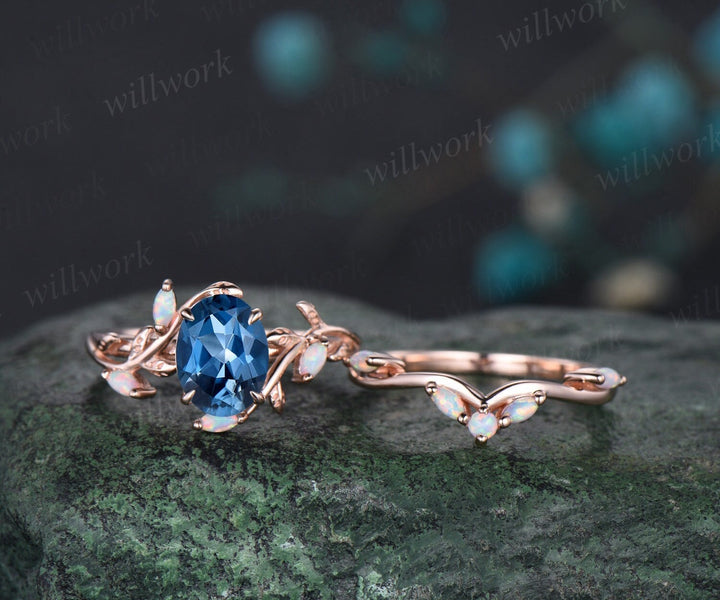 Vintage oval cut London blue topaz engagement ring solid 14k rose gold leaf nature inspired opal ring women wedding bridal ring set gemstone