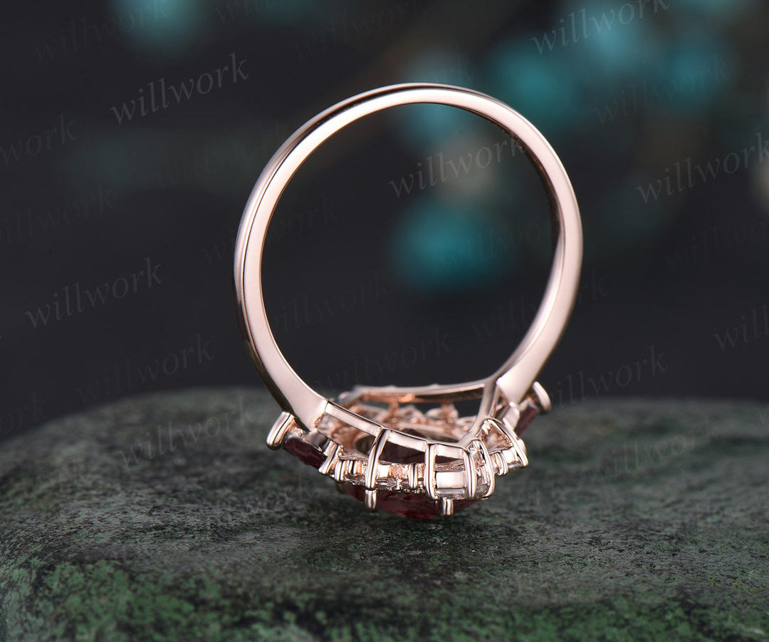 7x9mm oval cut red garnet engagement ring Milgrain halo princess diamond ring women 6 prong unique wedding anniversary ring gift gemstone
