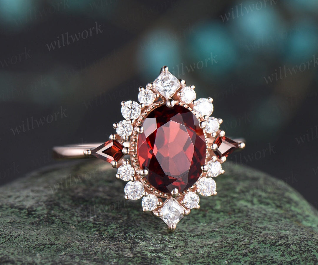 7x9mm oval cut red garnet engagement ring Milgrain halo princess diamond ring women 6 prong unique wedding anniversary ring gift gemstone