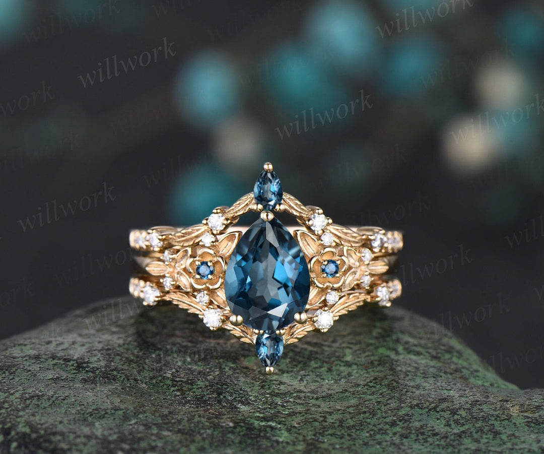 Vintage pear London blue topaz engagement ring solid 14k yellow gold twig leaf floral unique cluster diamond bridal wedding ring set women
