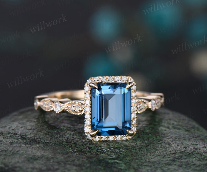 Emerald cut London blue topaz engagement ring 14k yellow gold half eternity marquise milgrain diamond promise wedding ring women jewelry