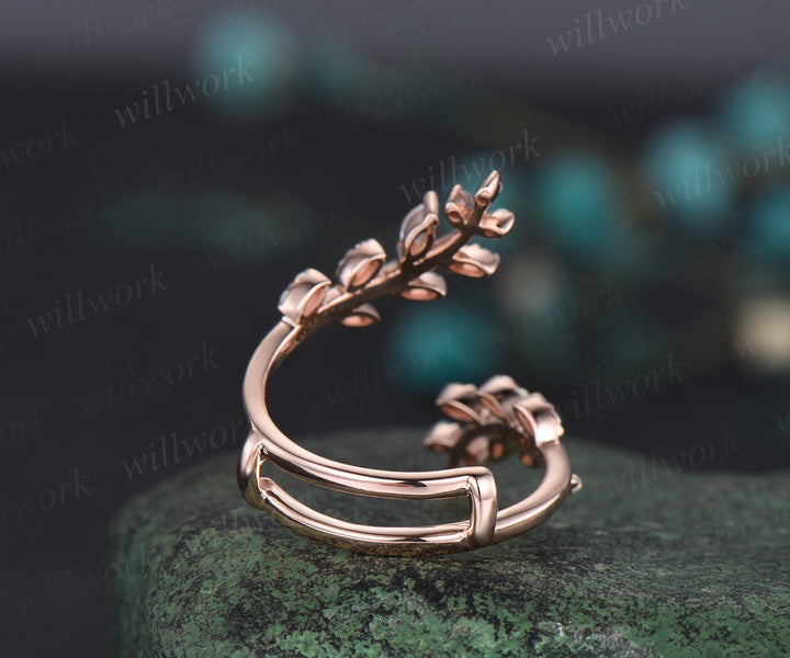 Opal alexandrite leaf wedding band enhancer wraps solid 14k rose gold cluster double open gap diamond ring women art deco anniversary gift