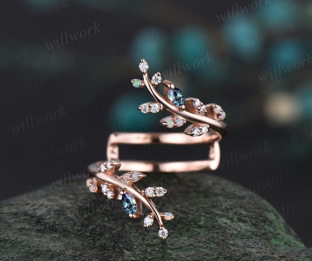 Opal alexandrite leaf wedding band enhancer wraps solid 14k rose gold cluster double open gap diamond ring women art deco anniversary gift