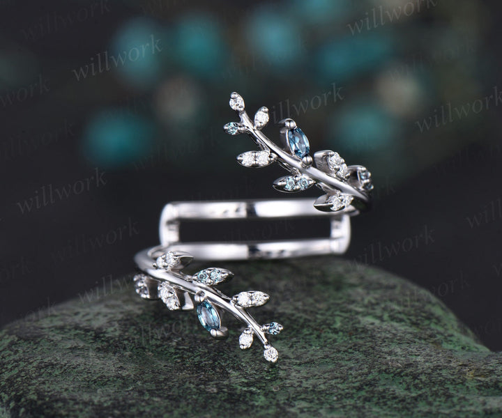 Vintage alexandrite leaf wedding band enhancer wraps solid 14k rose gold cluster double diamond ring women art deco anniversary gift