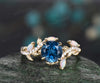 Vintage round London blue topaz engagement ring yellow gold leaf nature inspired branch half eternity diamond opal anniversary ring women