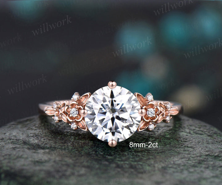 Vintage round cut moissanite engagement ring solid 14k rose gold twig leaf floral cluster diamond promise wedding ring women jewelry gift