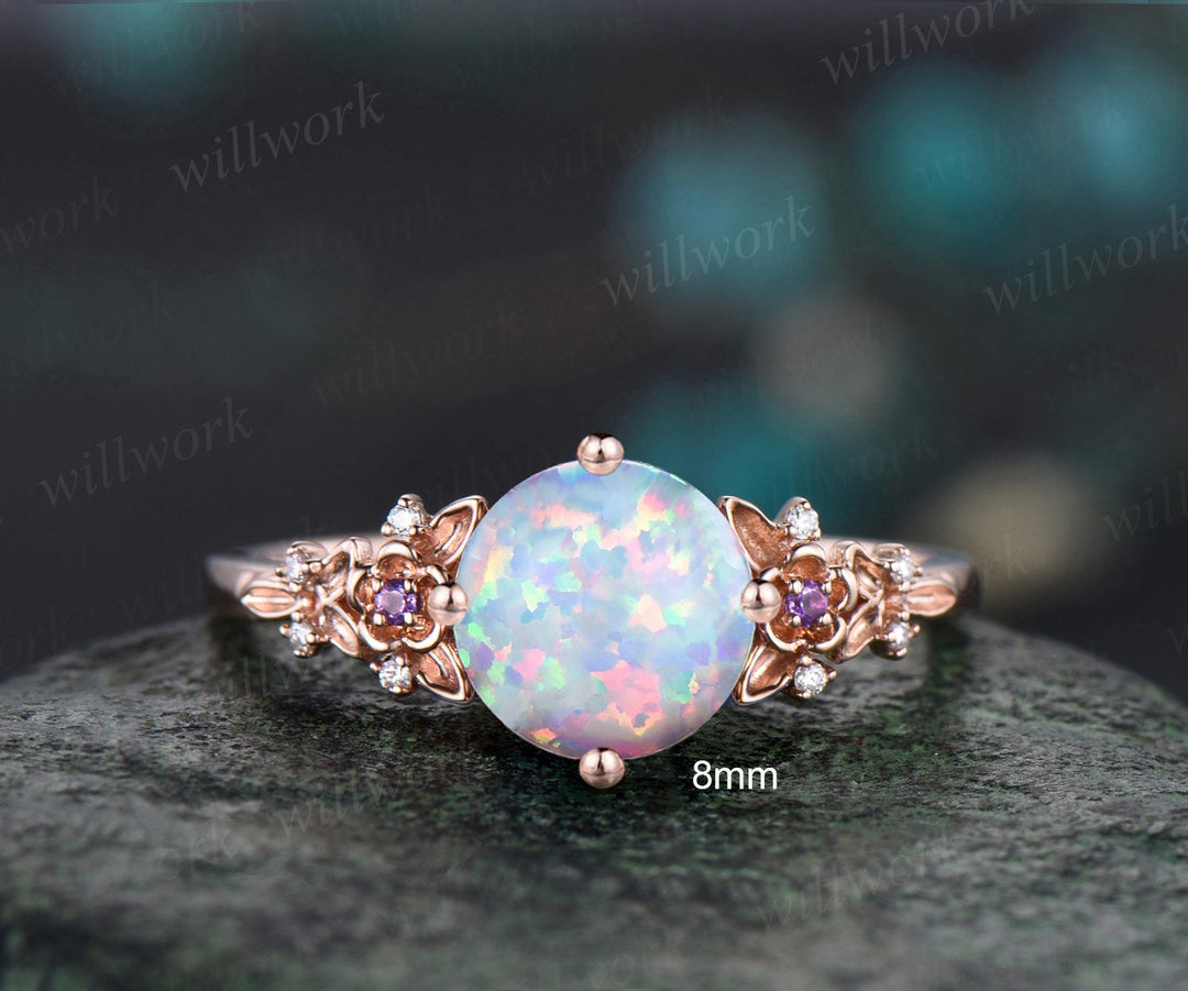 Vintage round white opal engagement ring solid 14k rose gold twig leaf floral cluster amethyst diamond promise wedding ring women jewelry