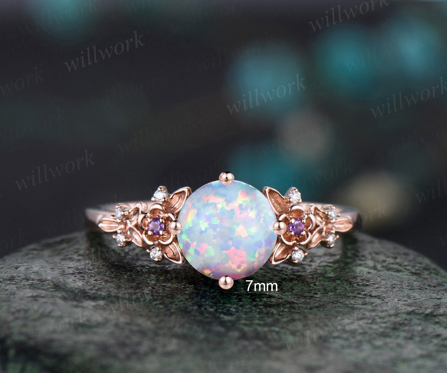 Round Natural opal engagement ring buying | Vintage Rose gold wedding ring | Unique Delicate Moissanite/diamond Ring | Anniversary wedding ring