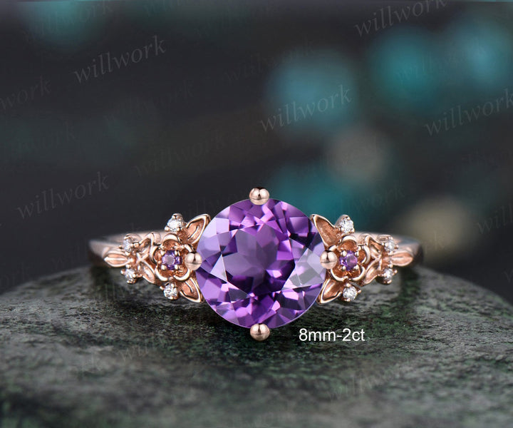 Vintage round cut purple engagement ring solid 14k yellow gold twig leaf floral cluster diamond promise wedding ring women jewelry gift