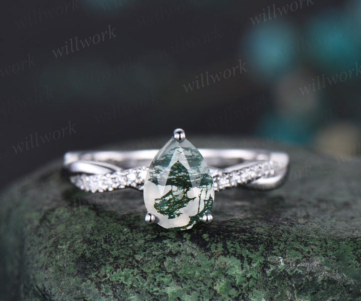 Pear cut green moss agate engagement ring solid 14k white gold eternity twisted diamond ring women unique wedding anniversary ring gift