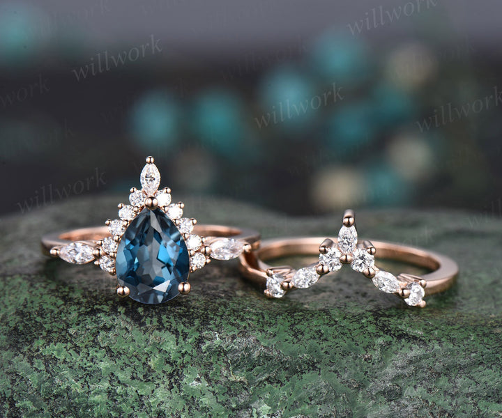 Pear shaped London blue topaz ring halo marquise unique engagement ring women solid 14k rose gold gemstone wedding anniversary ring gift