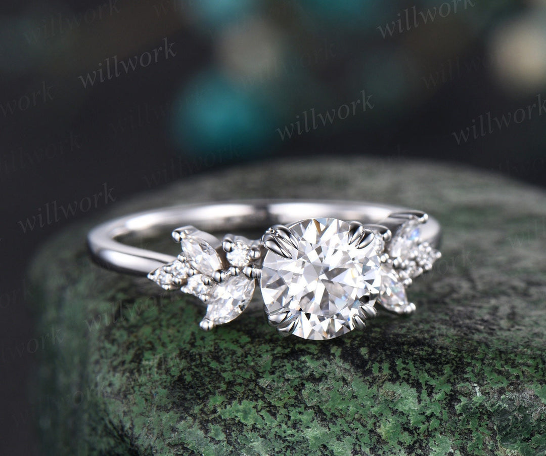 Round cut moissanite ring vintage moissanite engagement ring white gold unique snowdrift 8 prong engagement ring diamond wedding ring women