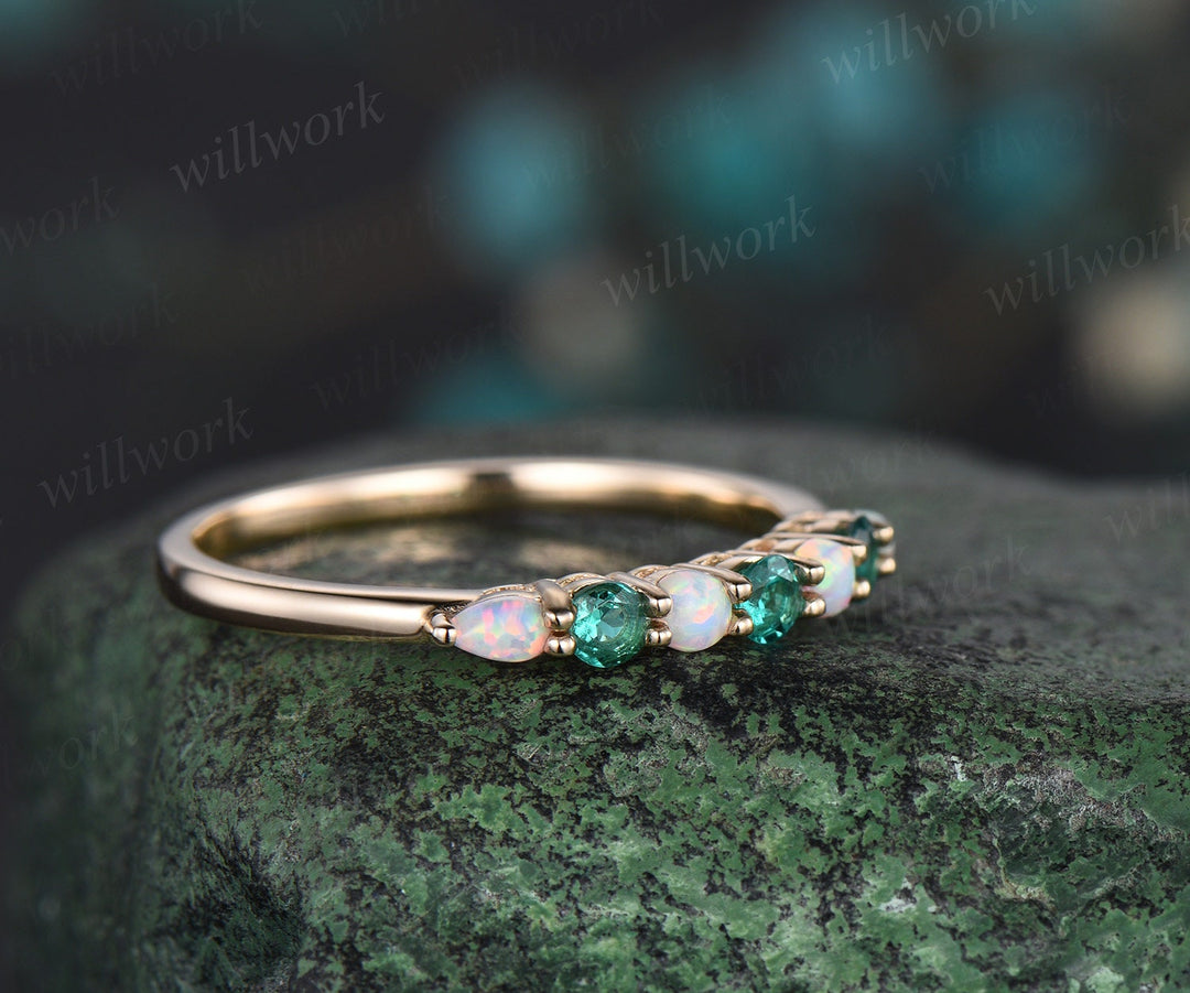 Round opal emerald wedding band solid 14k yello gold Multi-Stone rings half eternity dainty anniversary ring women gift