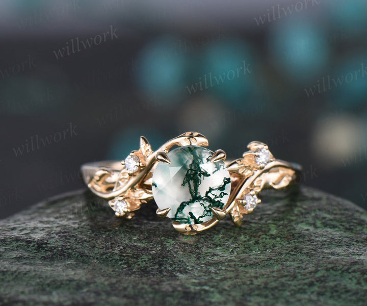 Round cut green moss agate ring vintage yellow gold leaf nature inspired unique engagement ring five stone diamond bridal wedding ring women