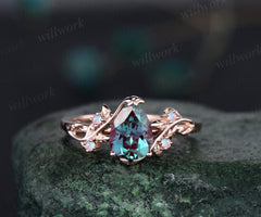 Pear shaped alexandrite engagement ring solid 14k rose gold leaf branch five stone opal ring women unique wedding anniversary ring gift