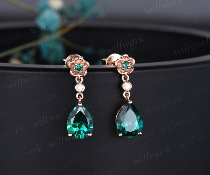 Floral pear shaped green emerald earrings rose gold three stone bezel diamond flower drop earrings women anniversary gift for her jewelry