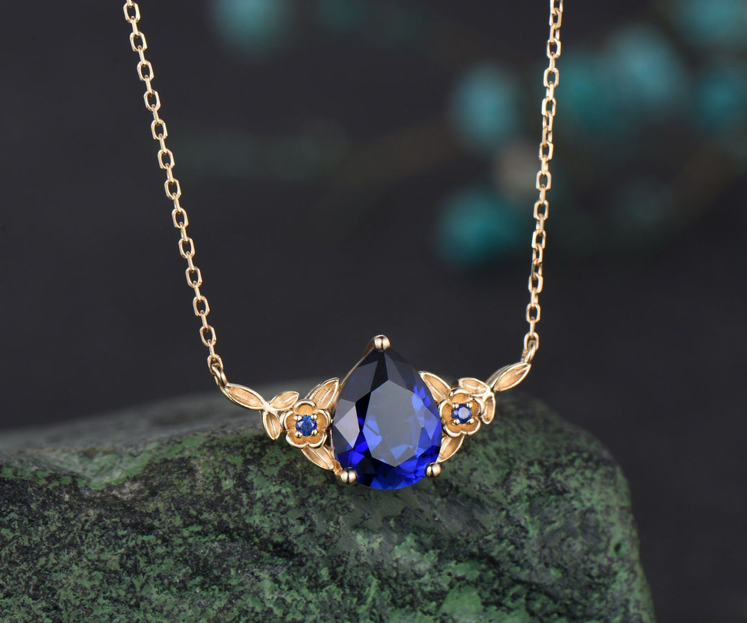 Pear cut blue sapphire necklace solid 14k 18k yellow gold three stone nature inspired leaf floral pendant women anniversary gift mother