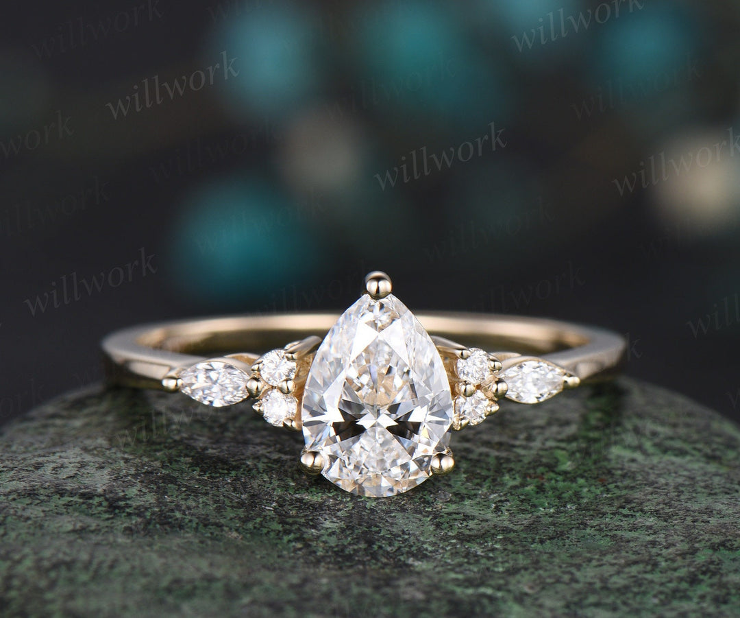Pear shaped Lab grown diamond engagement ring solid 14k 18k yellow gold marquise cut diamond ring women open gap wedding band jewelry