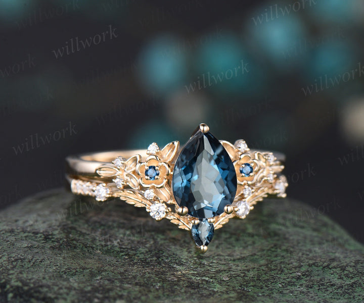 Vintage pear London blue topaz engagement ring solid 14k yellow gold twig leaf floral unique cluster diamond bridal wedding ring set women