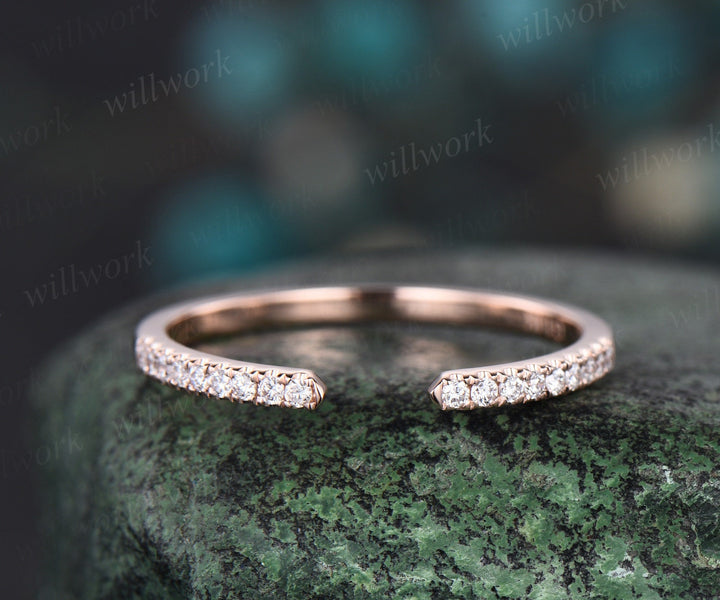 Open gap diamond wedding band solid 14k rose gold half eternity stacking matching dainty anniversary ring women
