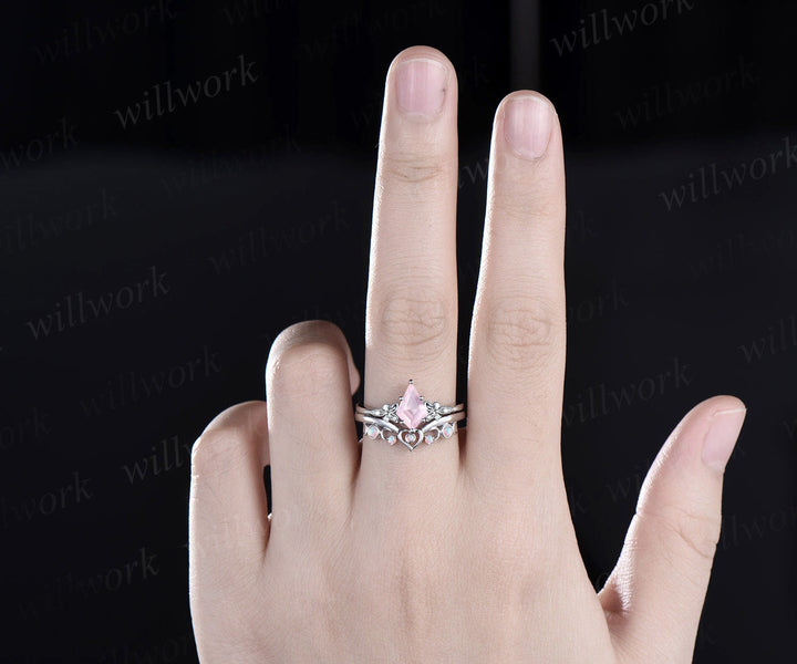 Kite cut rose quartz engagement ring solid 14k white gold leaf five stone heart moon opal ring women unique bridal wedding ring jewelry gift