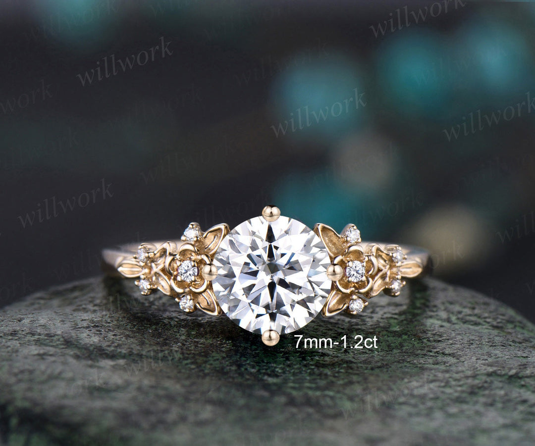 Vintage round cut moissanite engagement ring solid 14k rose gold twig leaf floral cluster diamond promise wedding ring women jewelry gift