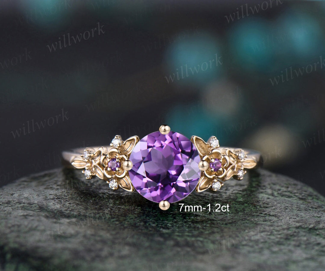Vintage round cut purple engagement ring solid 14k yellow gold twig leaf floral cluster diamond promise wedding ring women jewelry gift