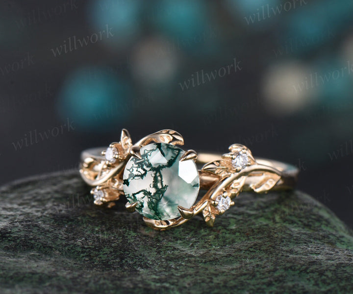 Round cut green moss agate ring vintage yellow gold leaf nature inspired unique engagement ring five stone diamond bridal wedding ring women