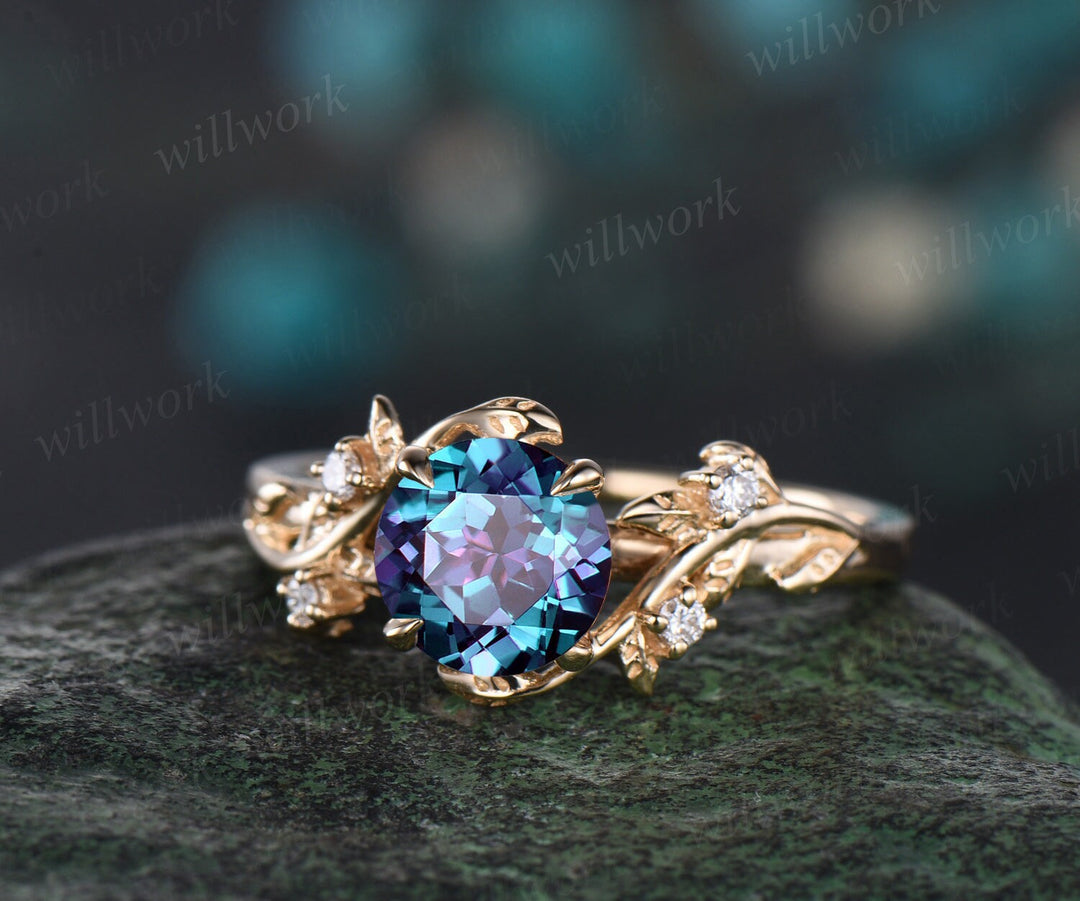 Round cut alexandrite ring vintage yellow gold leaf nature inspired unique engagement ring five stone diamond bridal wedding ring women gift