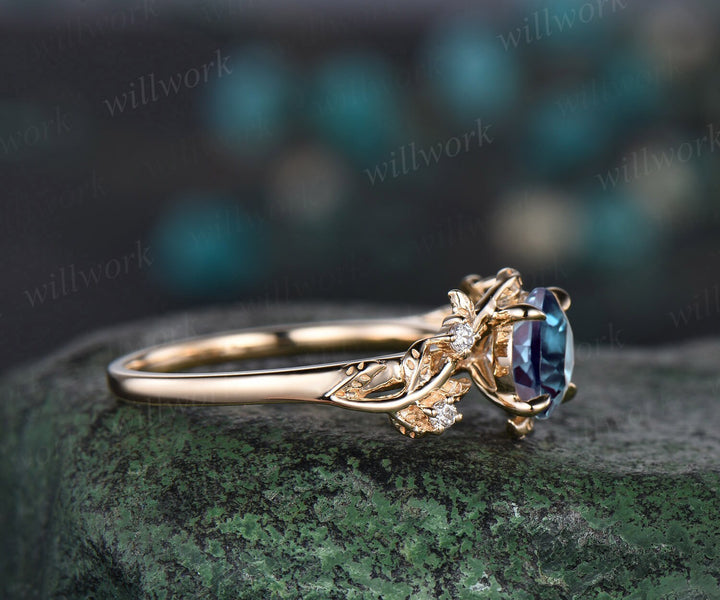 Round cut alexandrite ring vintage yellow gold leaf nature inspired unique engagement ring five stone diamond bridal wedding ring women gift