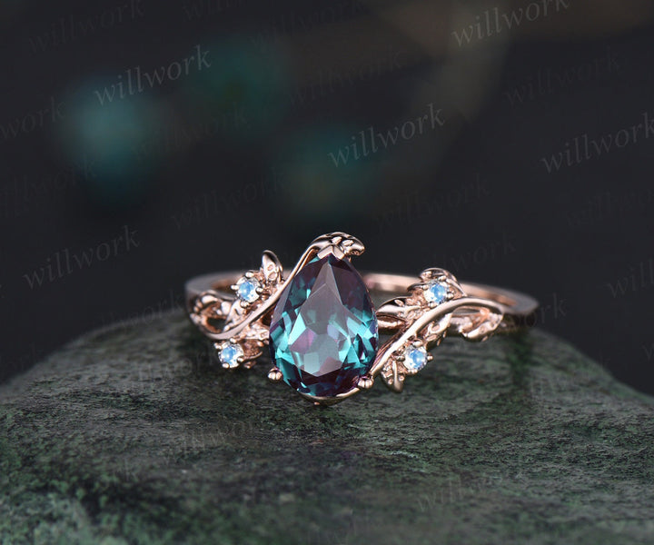 Pear shaped alexandrite engagement ring solid 14k rose gold leaf branch five stone opal ring women unique wedding anniversary ring gift