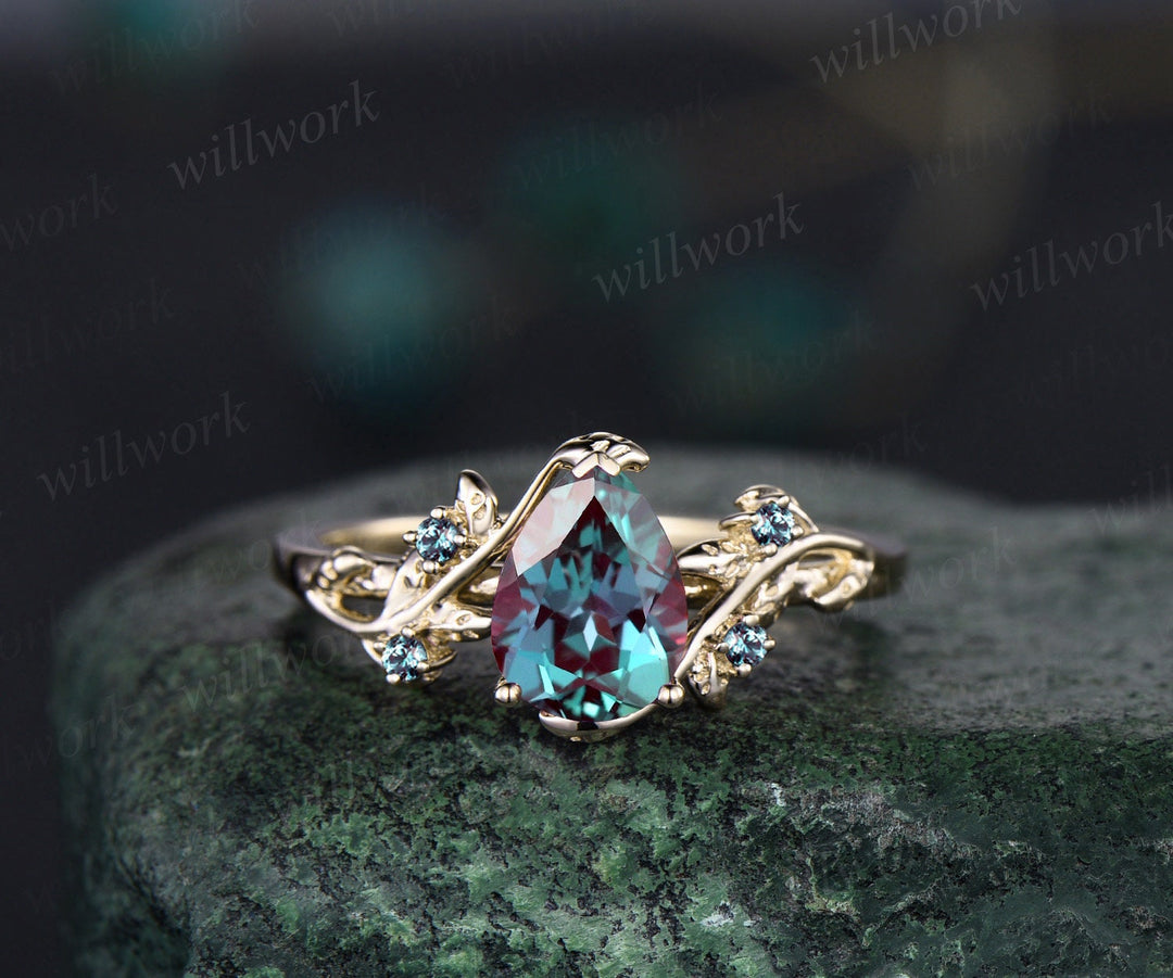 Pear shaped alexandrite engagement ring solid 14k rose gold leaf branch five stone opal ring women unique wedding anniversary ring gift