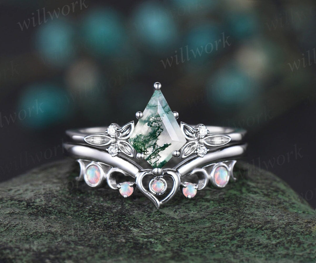 Kite cut green moss agate engagement ring solid 14k white gold leaf five stone heart moon opal ring women unique bridal wedding ring jewelry