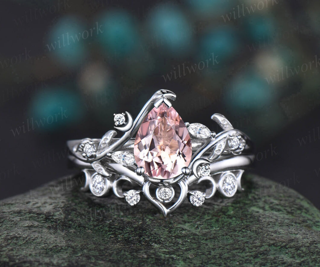Vintage pear pink morgantie engagement ring white gold heart leaf moon nature inspired diamond bridal wedding ring set women jewelry gift