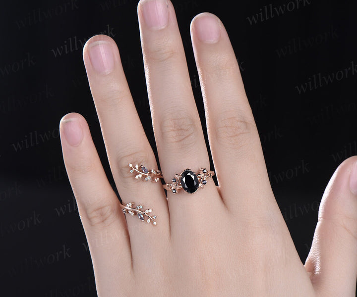 Vintage oval black onyx engagement ring nature inspired leaf alexandrite ring rose gold wedding band enhancer twisted bridal ring set women
