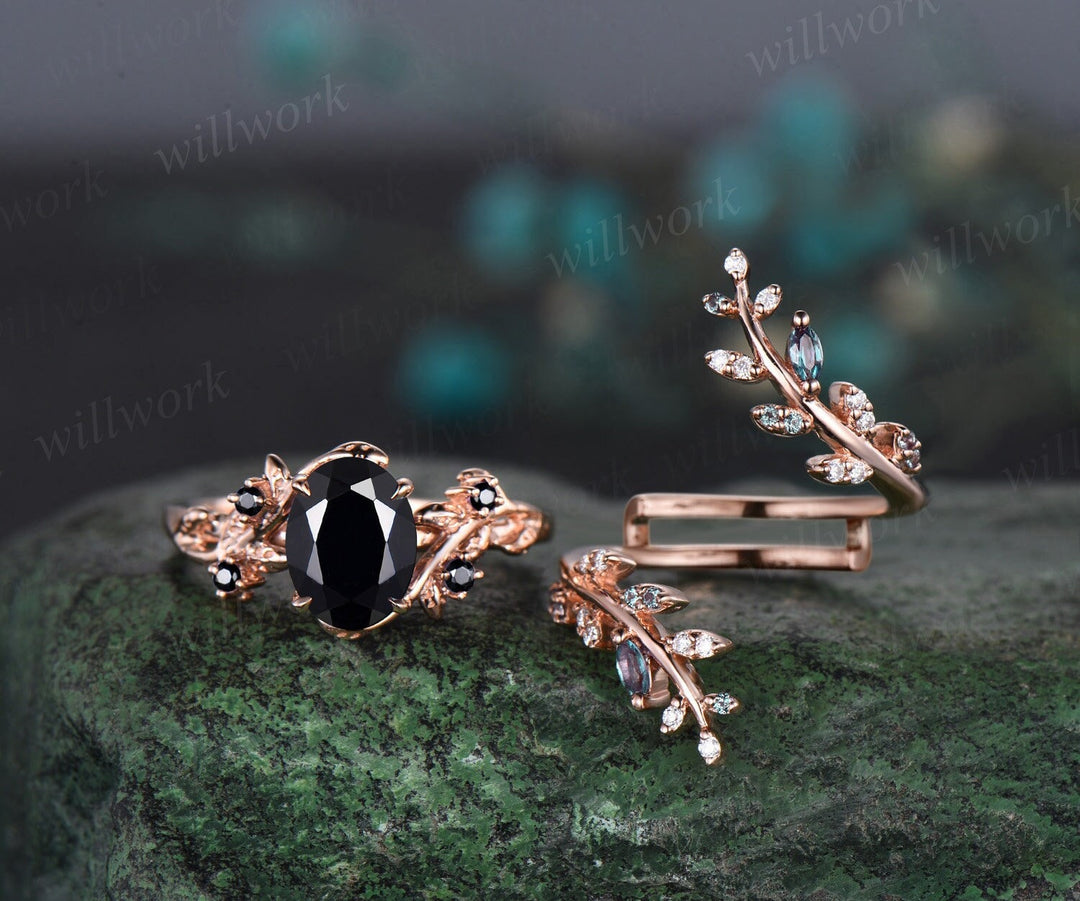 Vintage oval black onyx engagement ring nature inspired leaf alexandrite ring rose gold wedding band enhancer twisted bridal ring set women