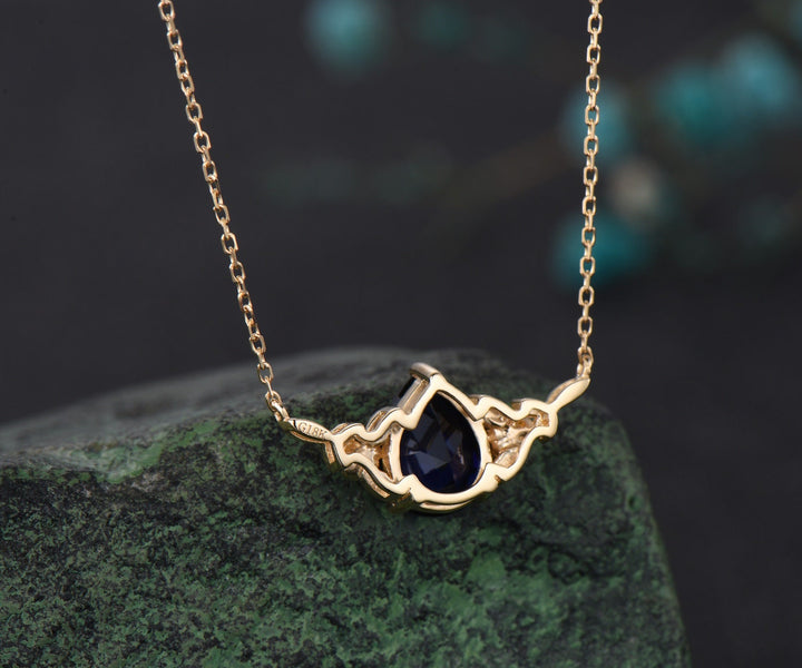 Pear cut blue sapphire necklace solid 14k 18k yellow gold three stone nature inspired leaf floral pendant women anniversary gift mother