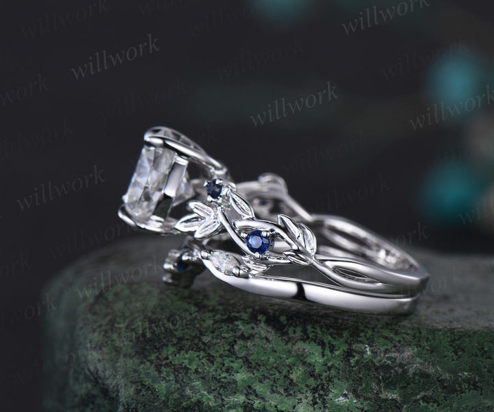 Twig cushion cut moissanite engagement ring set white gold five stone leaf branch Nature inspired ring sapphire wedding ring set women gift